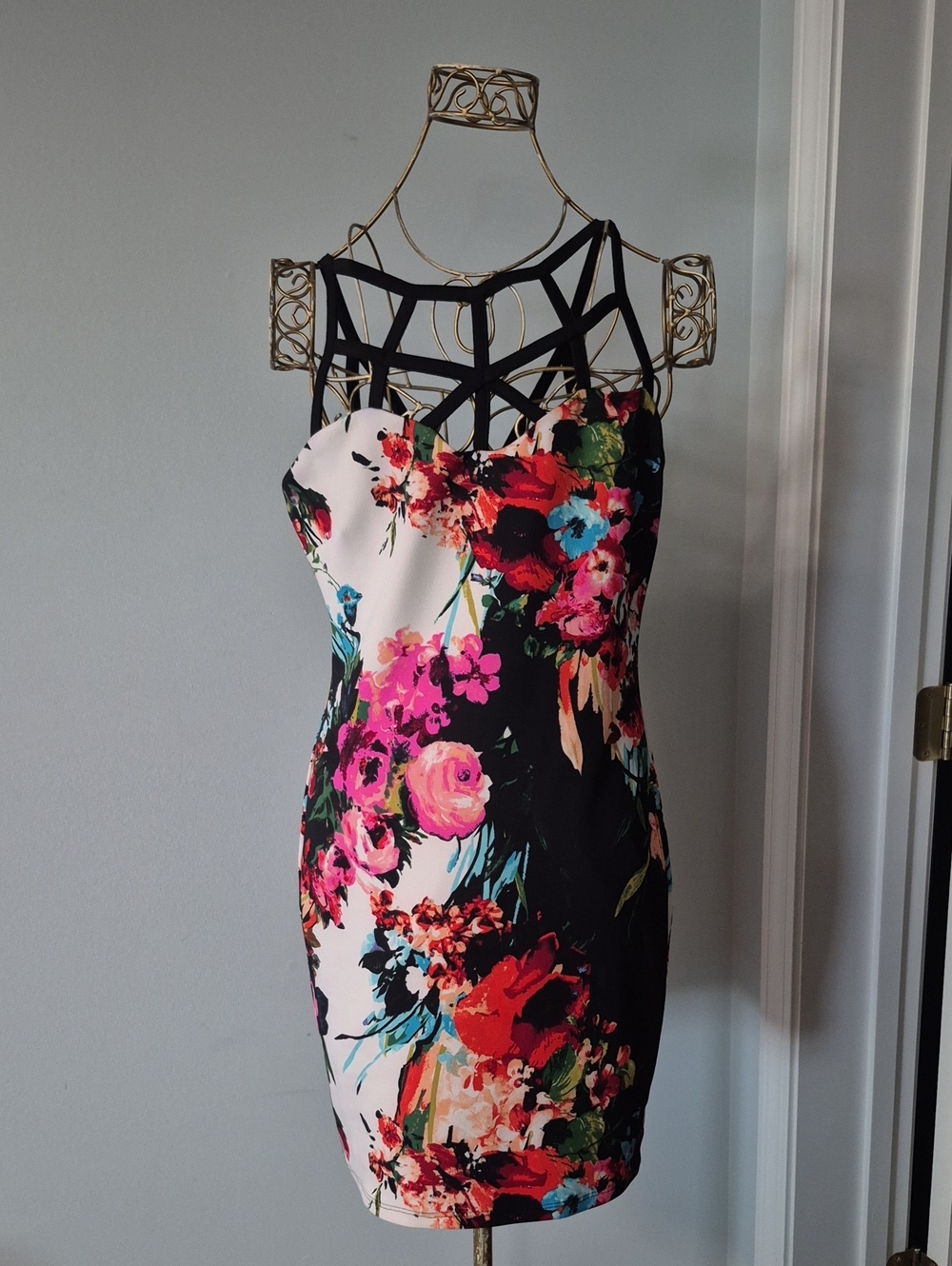 VENUS Black Multi Floral Bodycon Mini with Strappy Geometric Neckline